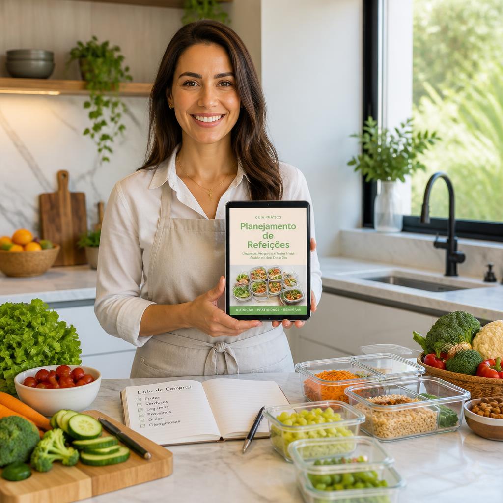 Especialista em nutrição apresentando o e-book Planejamento Inteligente de Refeições ao lado de alimentos frescos e marmitas organizadas