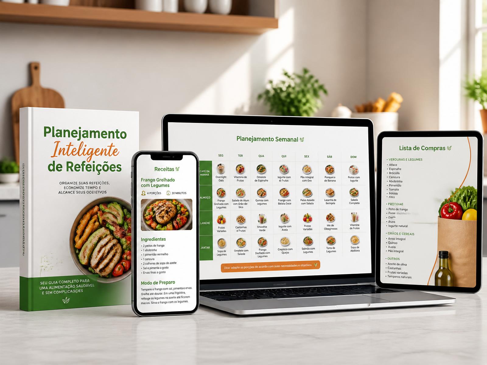 E-book Planejamento Inteligente de Refeições exibido em celular, tablet e notebook em uma cozinha moderna