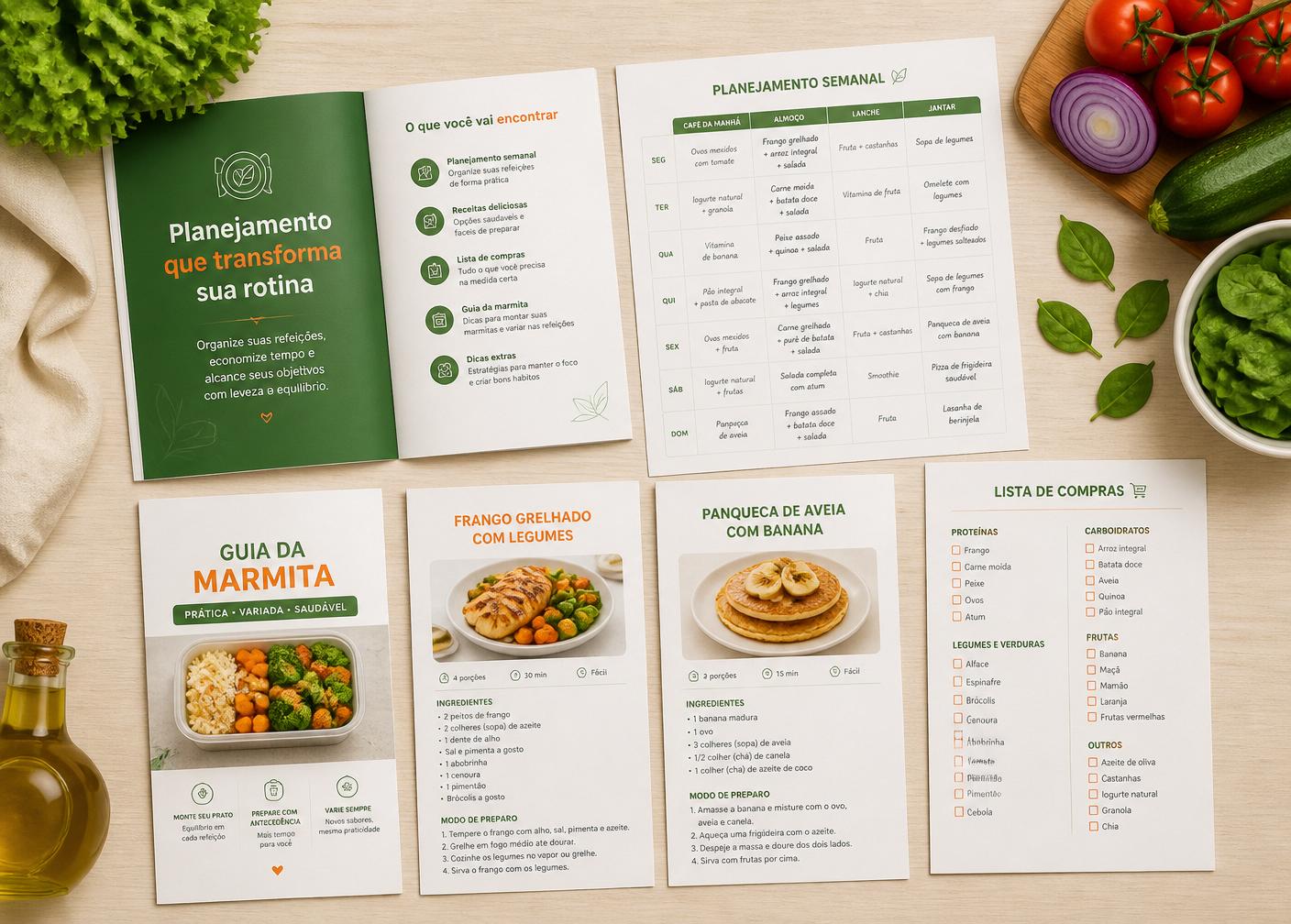 Materiais inclusos: e-book, planner semanal, receitas, guia da marmita e lista de compras